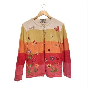 Heirloom Collectibles Striped Spring Sweater Butterflies Flowers Size S